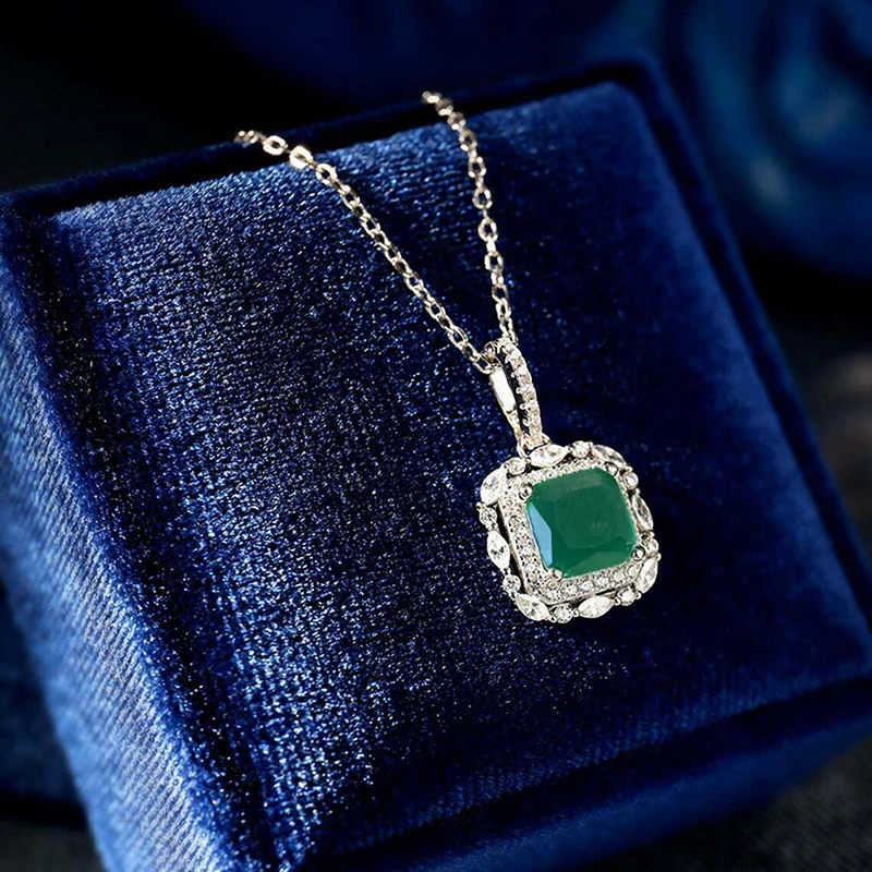 

New Newly Designed Bride Wedding Necklace Luxury Square Green Stone CZ Sparkling Pendent Necklace for Women Fashion Jewelry