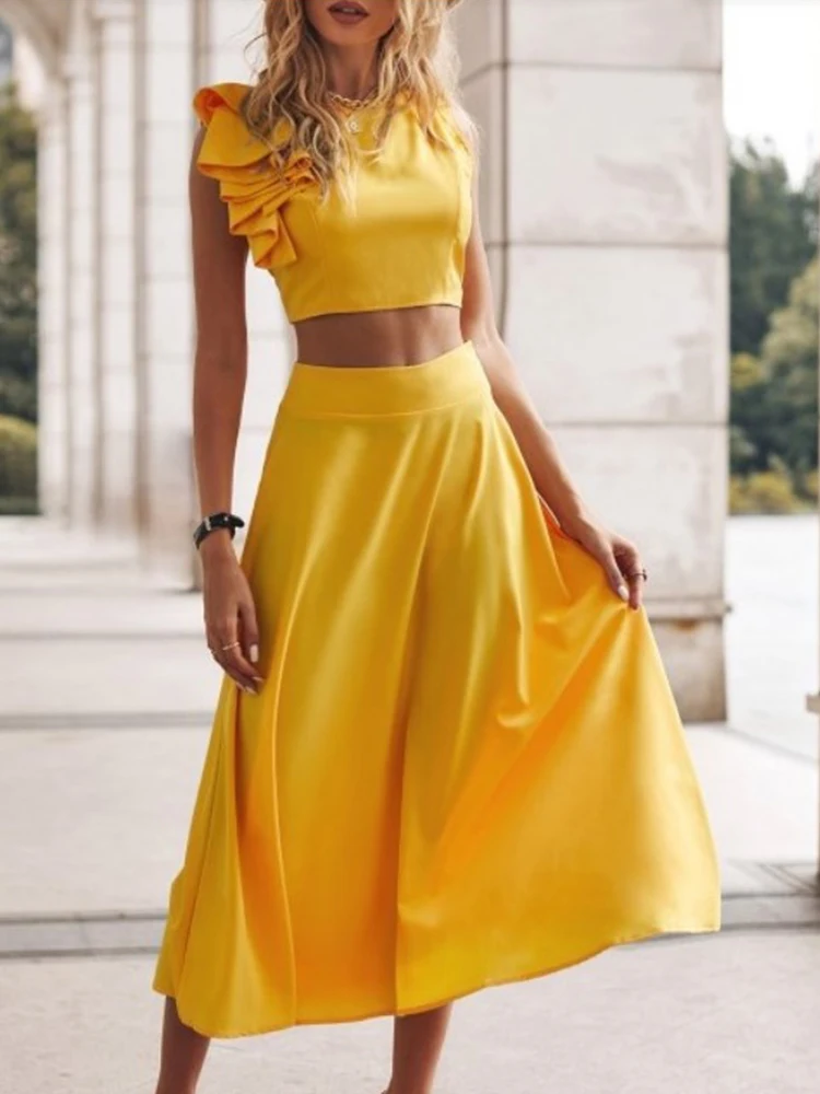 

Spring Summer Women Fashion Two Piece Sets Sexy Sleeveless Irregular Blouse + Long Skirt Outfits Lady Elegant Solid Skirts Suits
