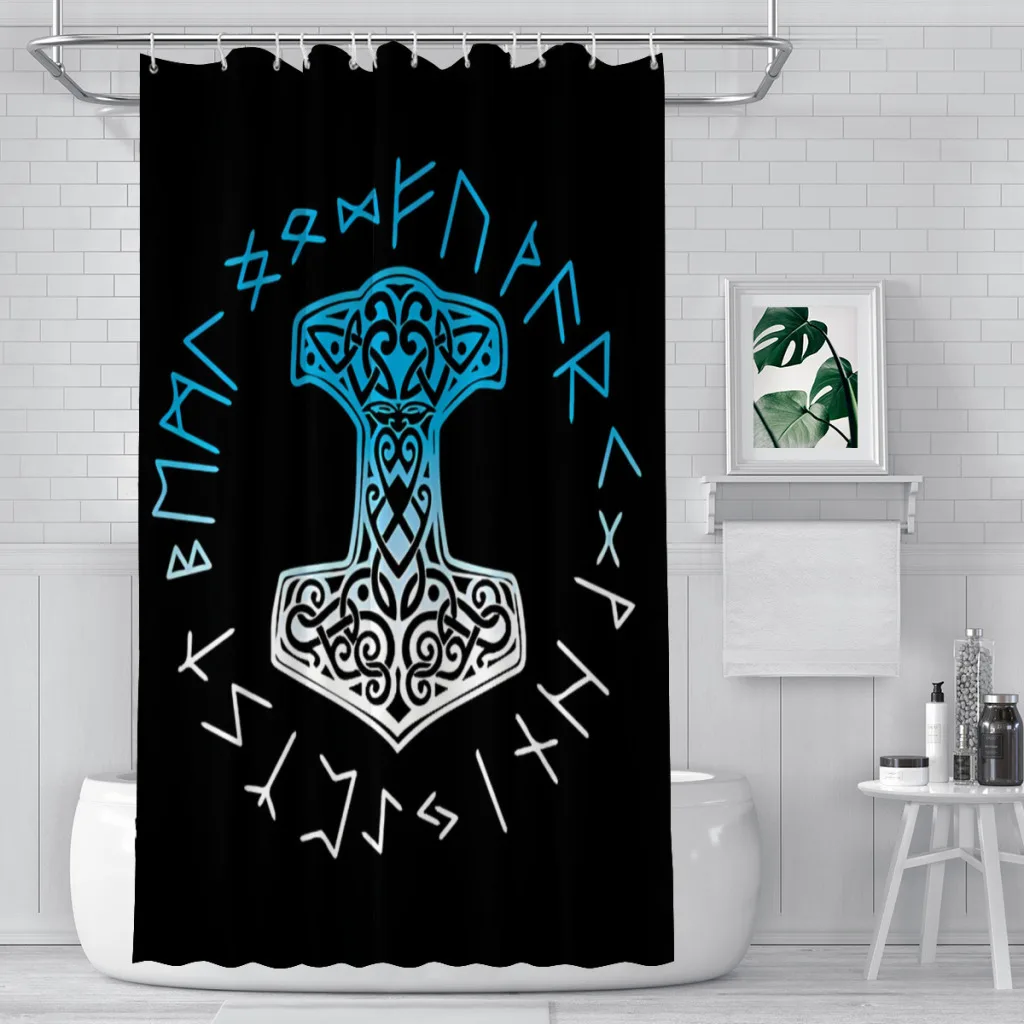 

Blue Fade Mjolnir and Runes Bathroom Shower Curtains Norse Mythology Viking Waterproof Partition Curtain Home Decor Accessories