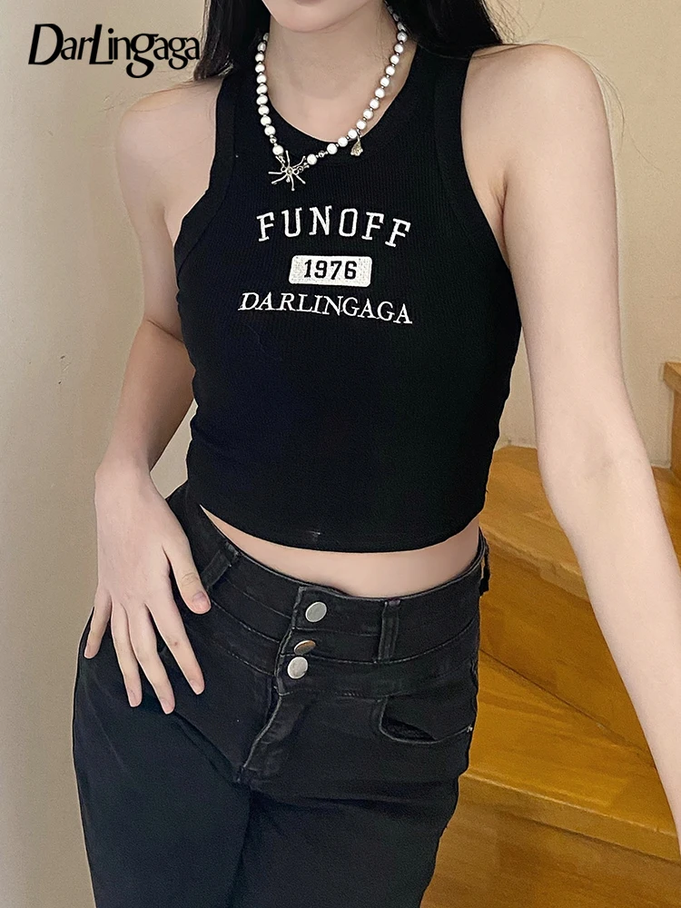 

Повседневный жилет с вышивкой в рубчик Darlingaga, короткие майки, облегающие универсальные летние кроп-топы, Женская Корейская одежда