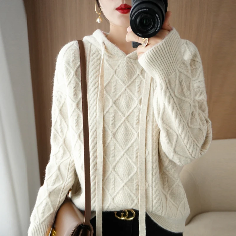 

Casual Hoodie Long Sleeve Drawstring Knitted Diamond Twisted Sport Women's Loose Pullover Top 2022 New Sweater Multi Color M-XXL