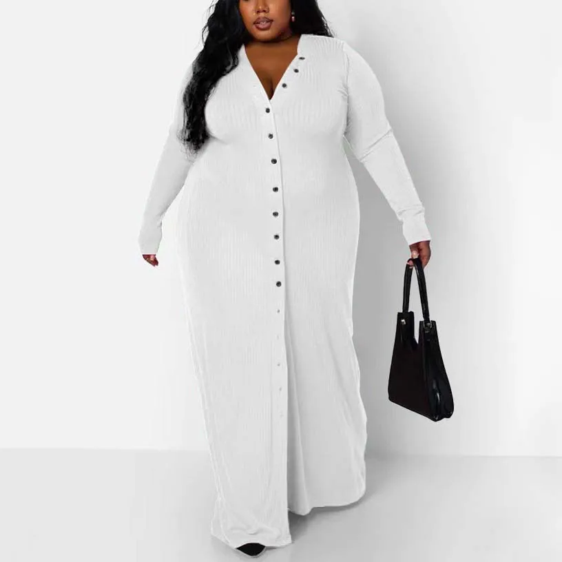 4XL 5XL Plus Size Dresses for Women Single Breasted V Neck Full Sleeve Bodycon Floor Length Elegant Large Party Birthday Dress