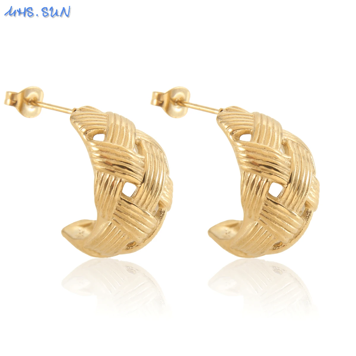 

MHS.SUN Luxury Metallic Gold Plating C Shape Geometric Weave Earrings Inner Hollow Stud Earrings Jewelry For Lady Female Gift