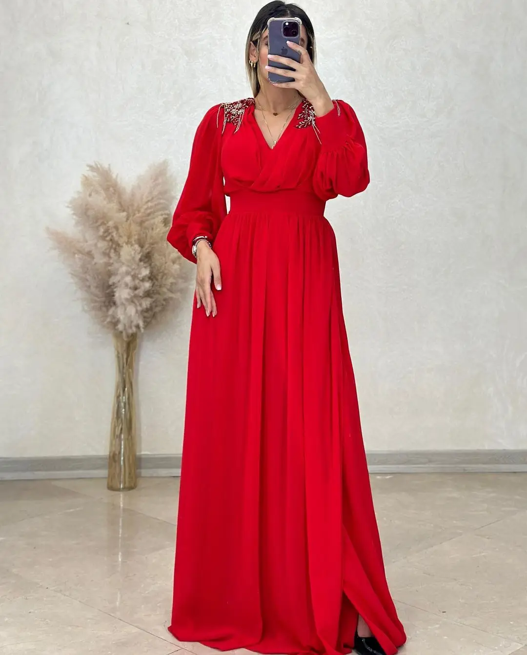 

Винтажное красное шифоновое платье для выпускного вечера с V-образным вырезом, кристаллами, длинными рукавами, разрезом сбоку, длиной до пола, деловые платья, вечернее платье