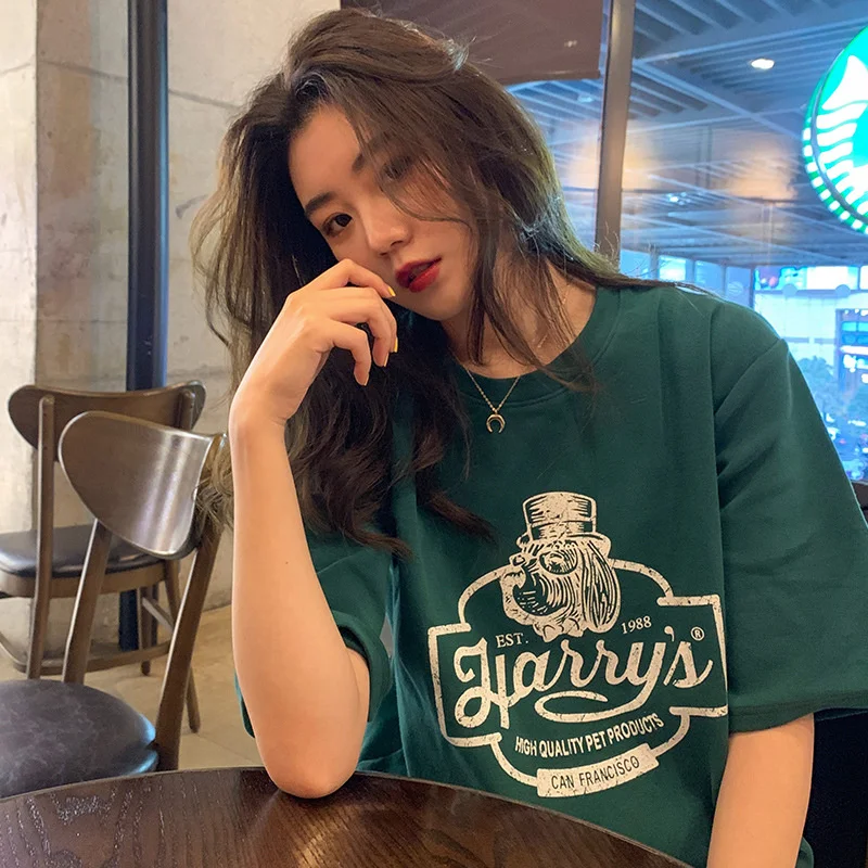 

Korean Style Women's T-shirt Cotton Short-sleeved Cartoon Letter Printing Thin Loose O-Neck Top New Summer