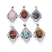 natural stone pendants rhombic shape abalone shell crystal agate stone alloy base charms for jewelry making necklace bracelet