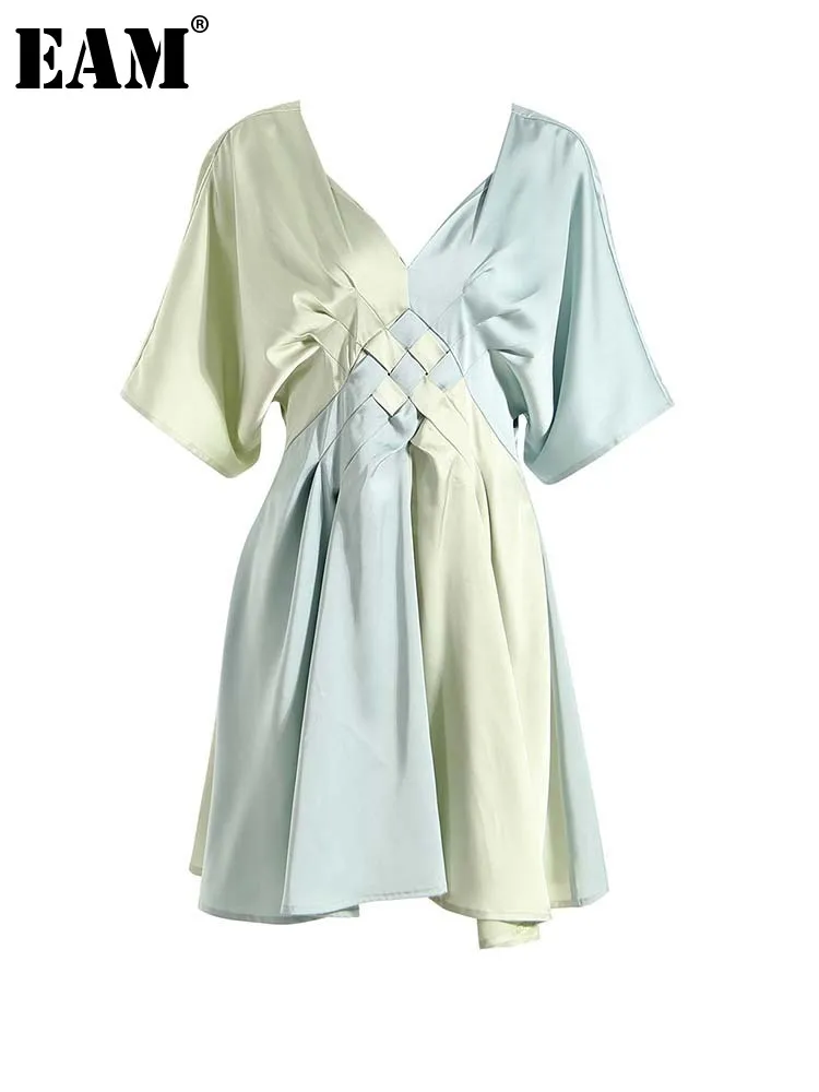 

[EAM] Women Blue Green Color-block Elegant Dress New V-Neck Short Sleeve Loose Fit Fashion Tide Spring Summer 2023 1DE9153