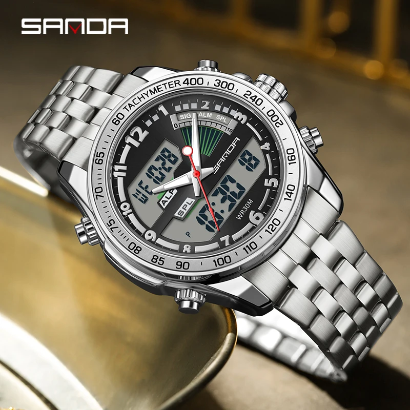 Sanda Мужские Кварцевые Наручные Часы С Двойным Дисплеем
