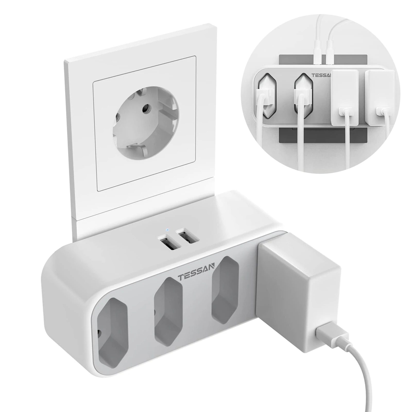 TESSAN Европейская настенная розетка с 4 евророзетками и 2 USB-портами, 6 в 1
