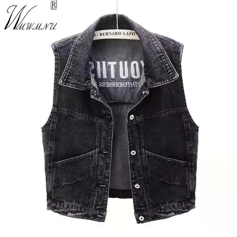 

Vintage Black Denim Vests Women Embroidery Casual Sleevless Jackets Oversize 5xl Wash Denim Waistcoat Streetwear Short Chaleco