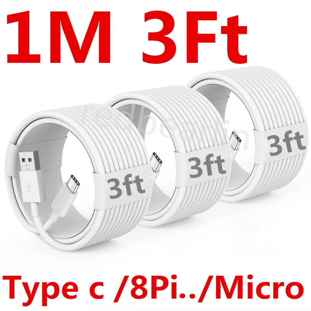 

10-50Pcs 1M 3Ft White USB A to Type c USb-C Micro 8pin Cables Cable For Samsung S10 S20 Note 20 S22 S23 Huawei Phone 12 13 14