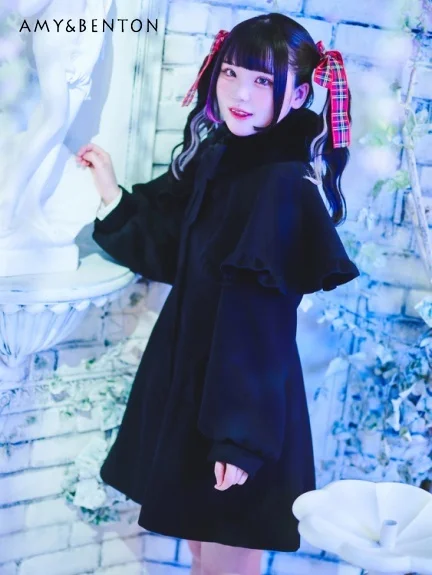 Японские милые шерстяные куртки средней длины со строчкой в стиле ретппи милое