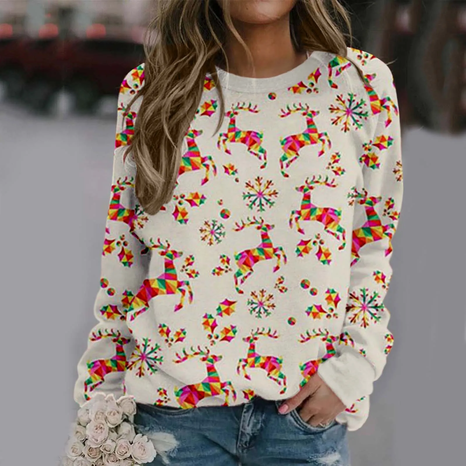 

2023 Christmas Sweatshirt Pullover Ladies Sweatshirt Christmas Loose Round Collar Long Sleeve Print Easy New Year Clothes Hooded
