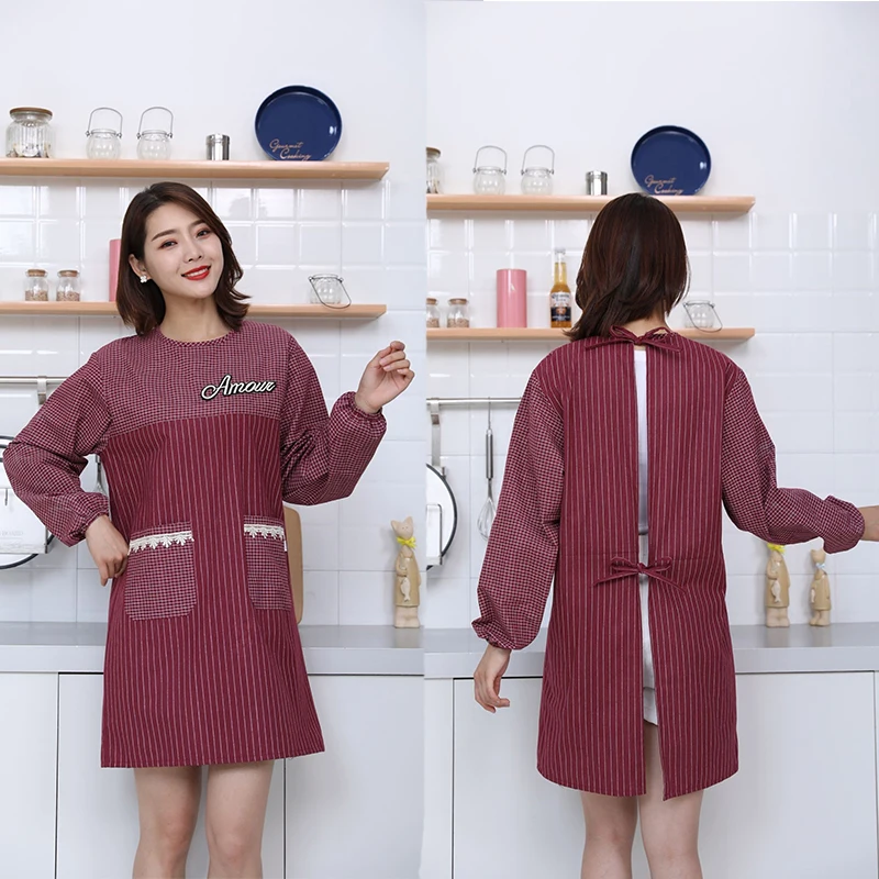 Kitchen household long-sleeved cotton apron Korean version of the oil-proof plaid cotton with sleeves cotton and linen