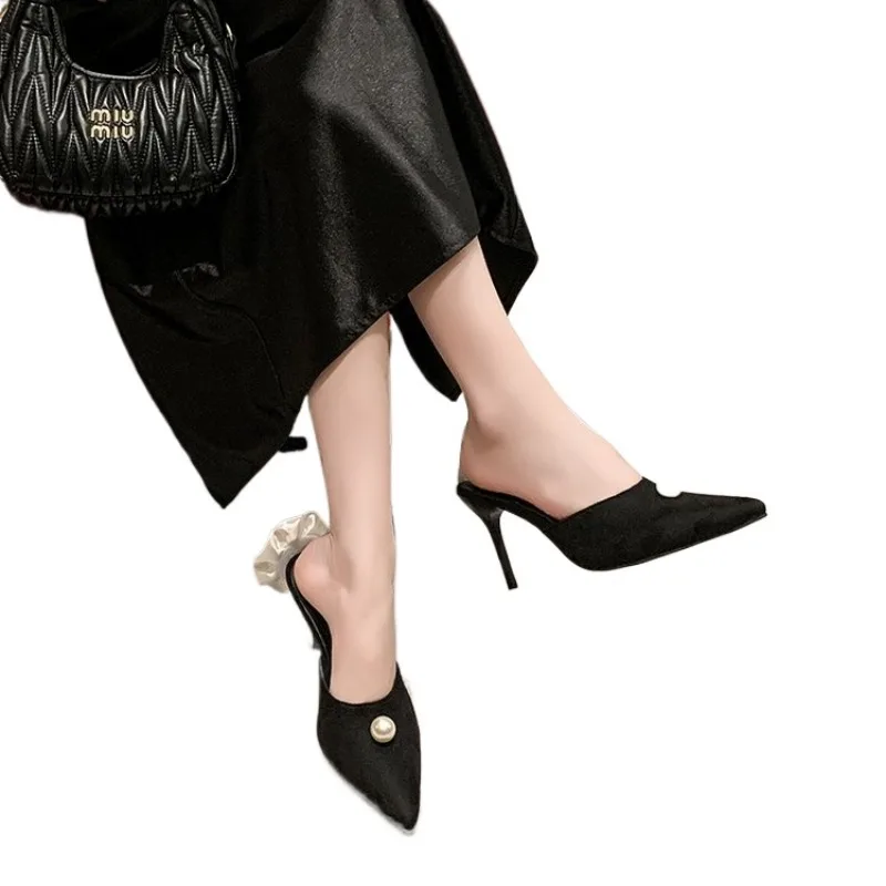 Черные Атласные Туфли-лодочки С Острым Носком Туфли На Высоком Каблуке Женские