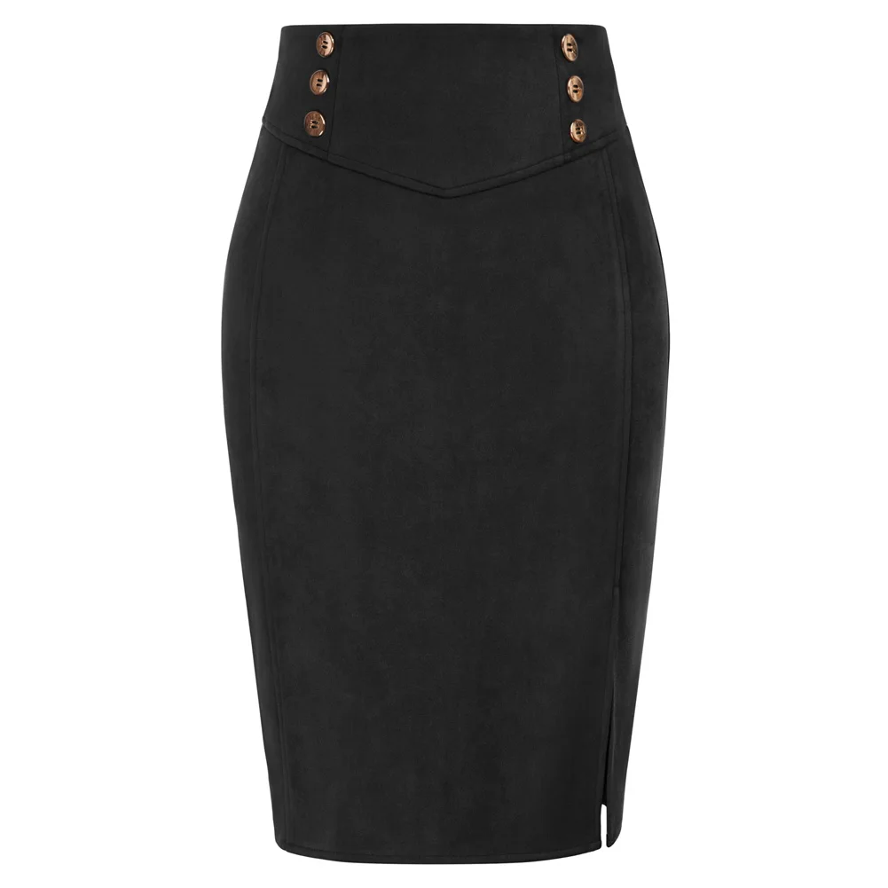 

Kate Kasin Women Suede Skirt OL High Waist Side Slit Buttons Decorated Bodycon Skirt Knee Length Office Lady Workwear A30