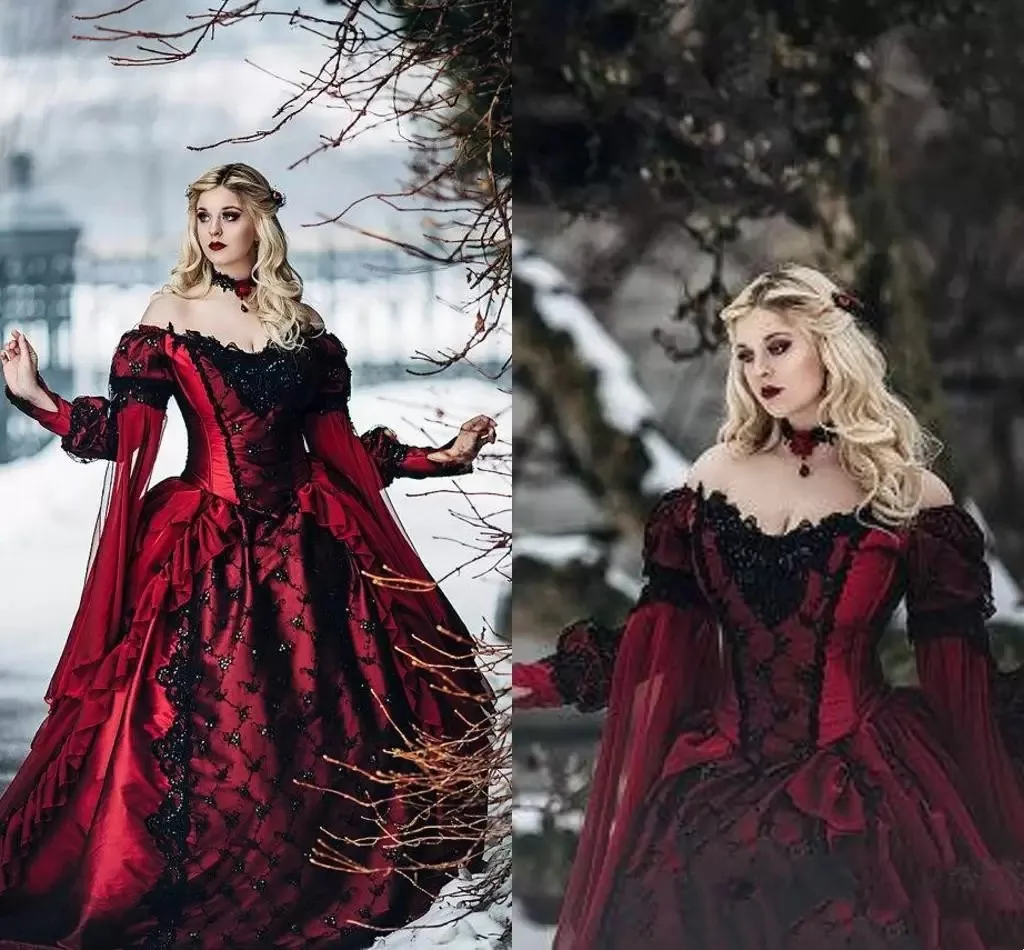 

Gothic Princess Medieval Burgundy and Black Wedding Dress Long Sleeve Lace Beauty Appliques Victorian masquerade Bridal Gowns