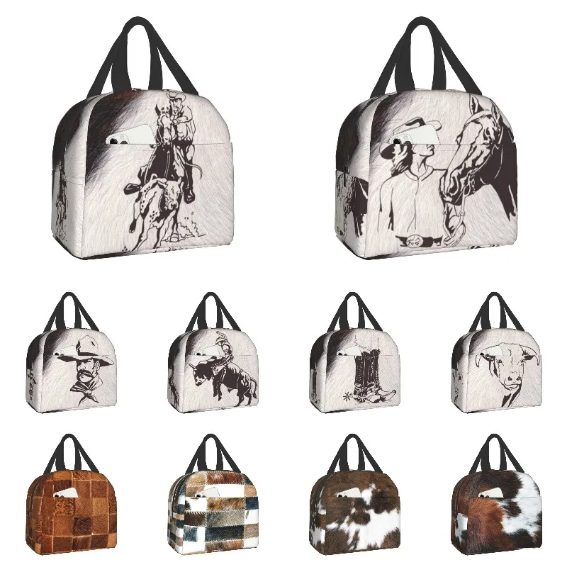 

Western Cowboy Rodeo Horse Cowhide Cow Print Lunch Bag Resuable Cooler Thermal Insulated Lunch Box for Women School Work Picnic