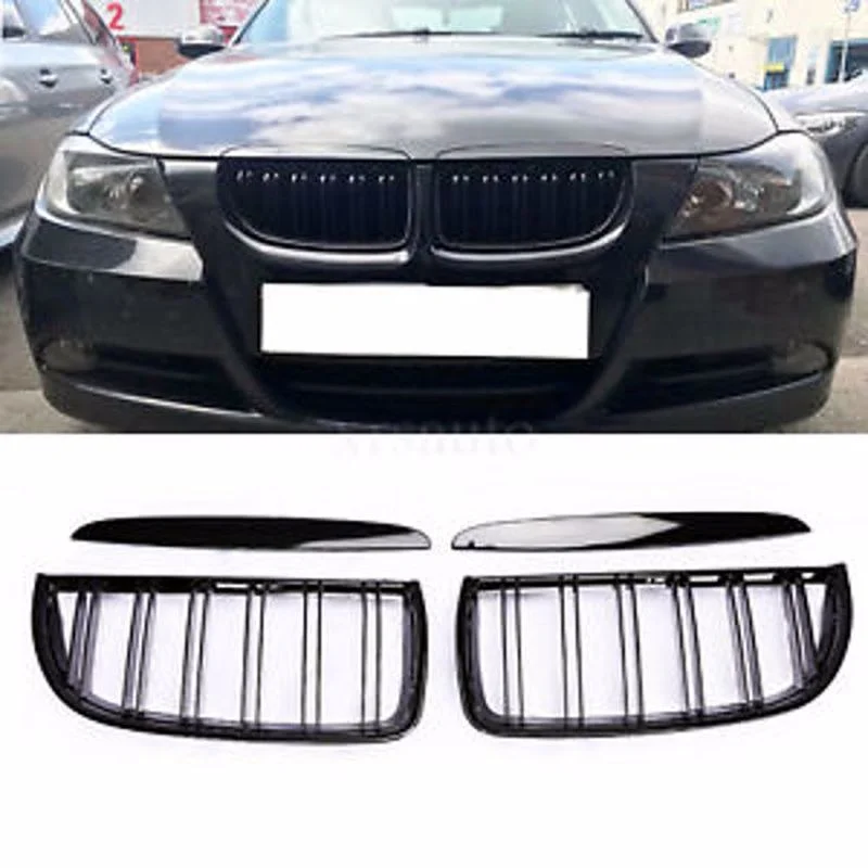 

LEAVAN Pair Glossy Black Front Kidney Grilles Upper Hood For BMW 3-Series E90 E91 2005-2008