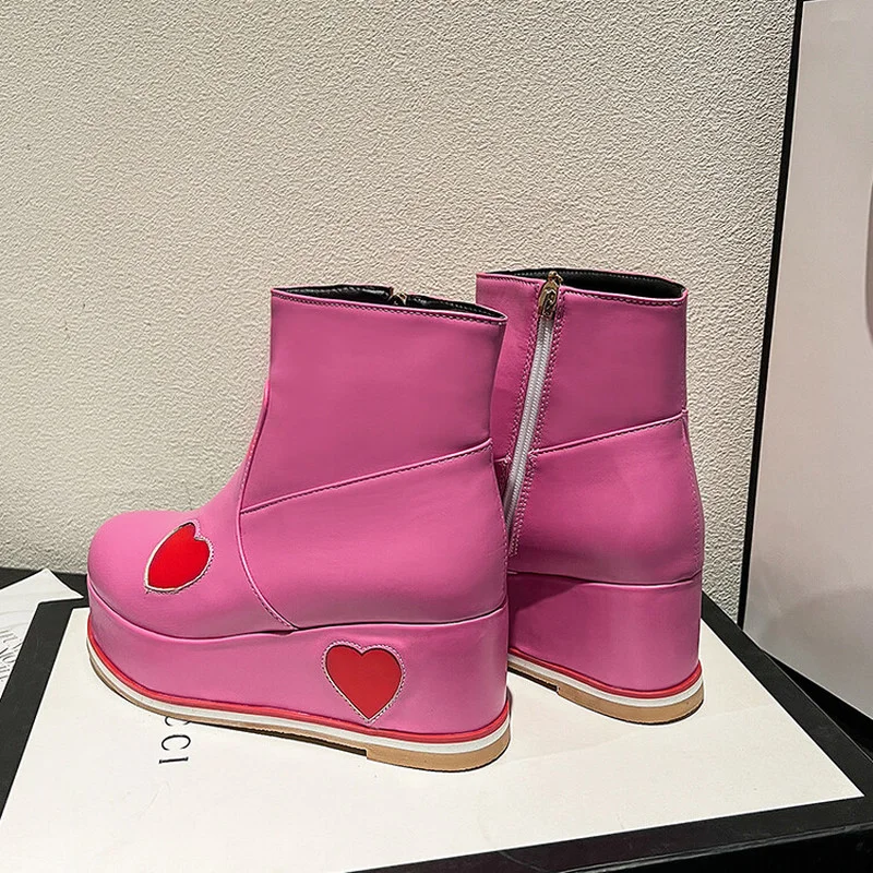 Women Ankle Boots Round Toe Heart Platform Wedges Increased Heel Zipper Sweet Mixed Fashion sheos Casual Yellow Pink NEW 2022