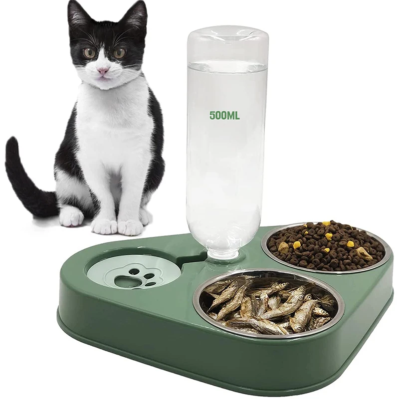 

Feeder Bowl For Small Medium Dog Cat Pet 3 in 1 Automatic Water Dispenser Stainless Steel Double Dish Raised Stand Cat Food Bowl
