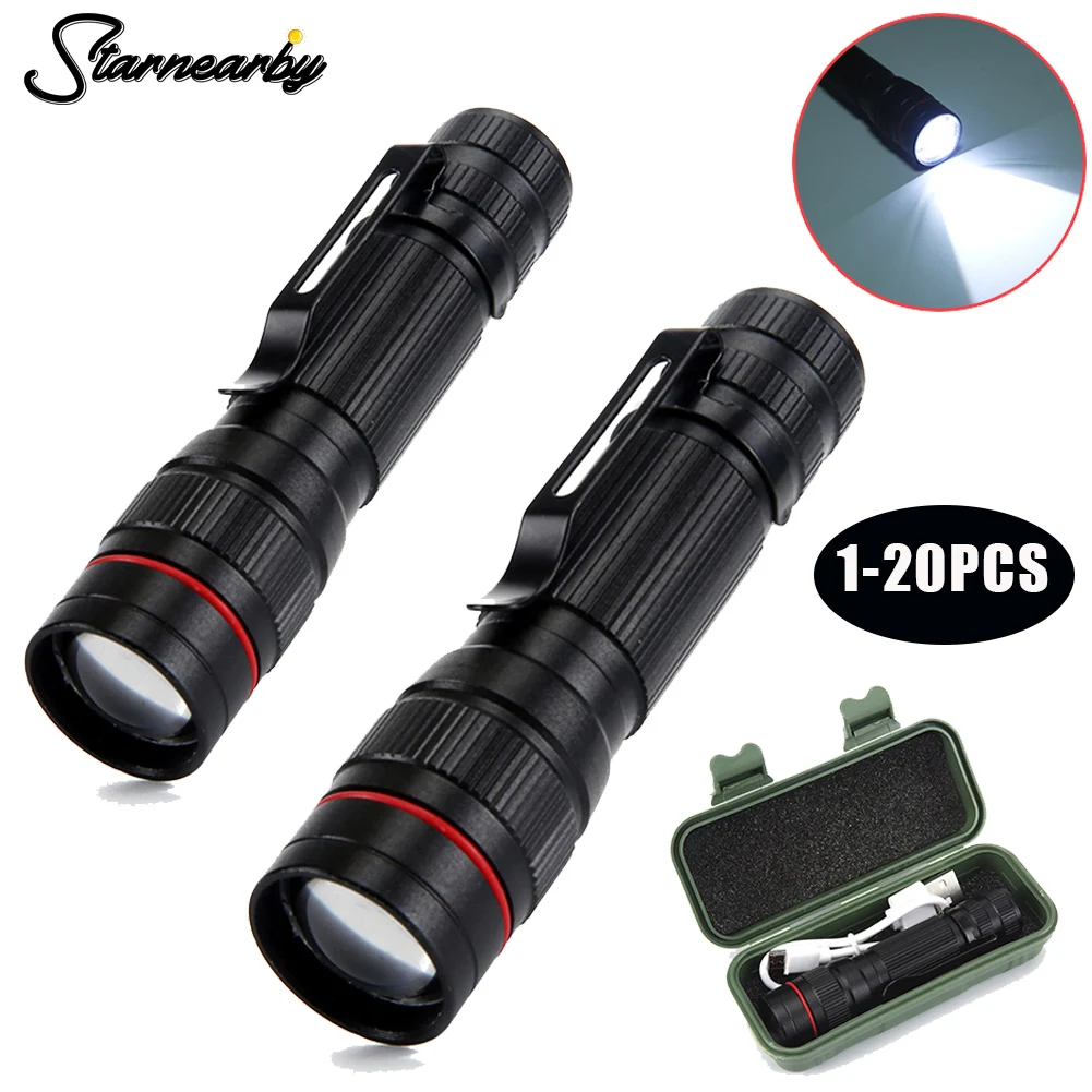 

1-20PCS XPE LED Flashlight Waterproof Zoomable Work Torch USB Rechargeable Flashlights Built-In 600mAh Battery Lamps For Camping
