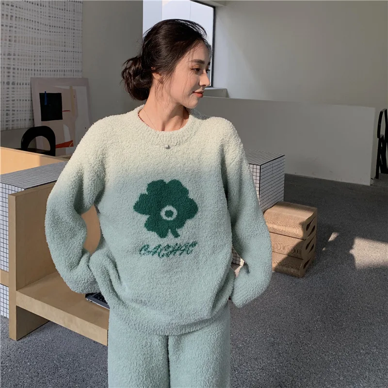 Autumn Winter New Warm coral fleece Women Pajamas Set Long-sleeved Trousers Two-piece Set Cute Soft Home Wear Clothes for Women