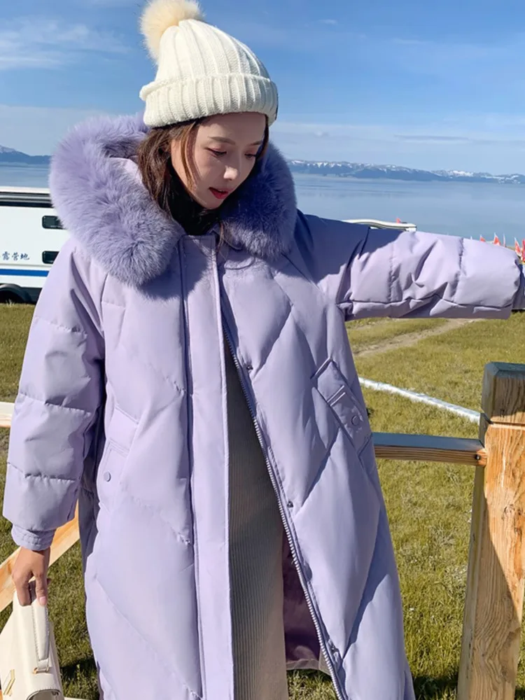 Winter Women's Purple Cotton Coat Casual Thick Warm Fur Collar Hooded Long Parkas Female Fashion Outwear 2022 New