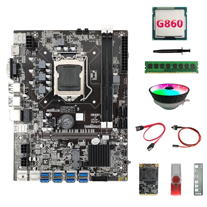 

B75 ETH Mining Motherboard 8XUSB+G860 CPU+DDR4 4G RAM+128G SSD+64G USB Driver+Fan+SATA Cable+Switch Cable+Thermal Grease