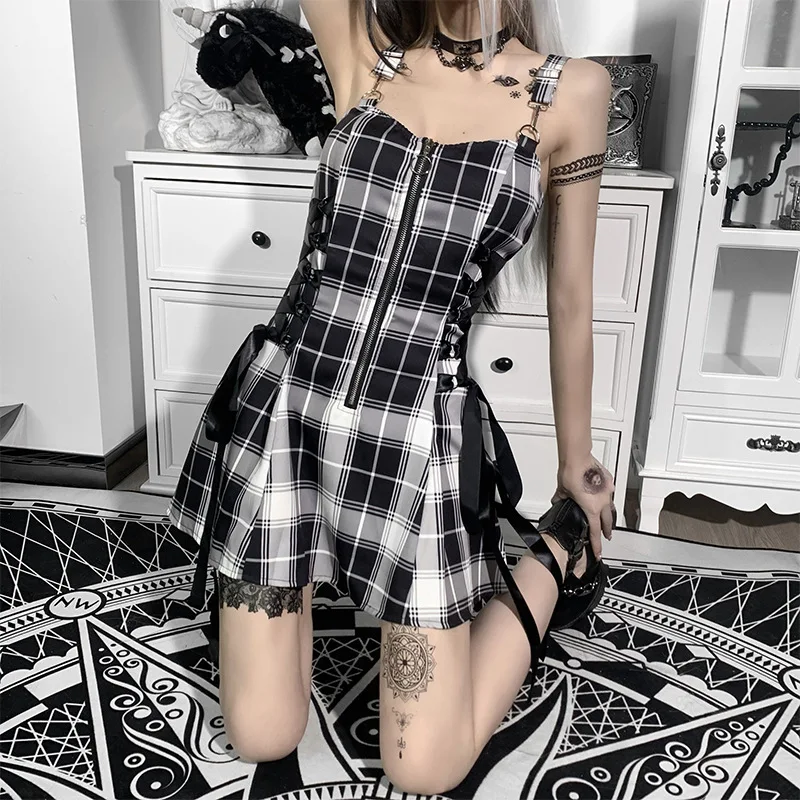 

Women's plaid drawstring zipper dress 2022 summer new sweet girly waist skirt