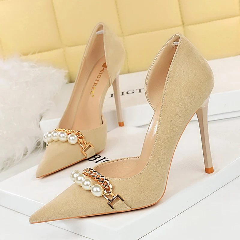

Luxury Women 7cm 11cm High Heels Pumps High Quality Stiletto Heels Elegant Lady Pearl Chain Prom Wedding Shoes