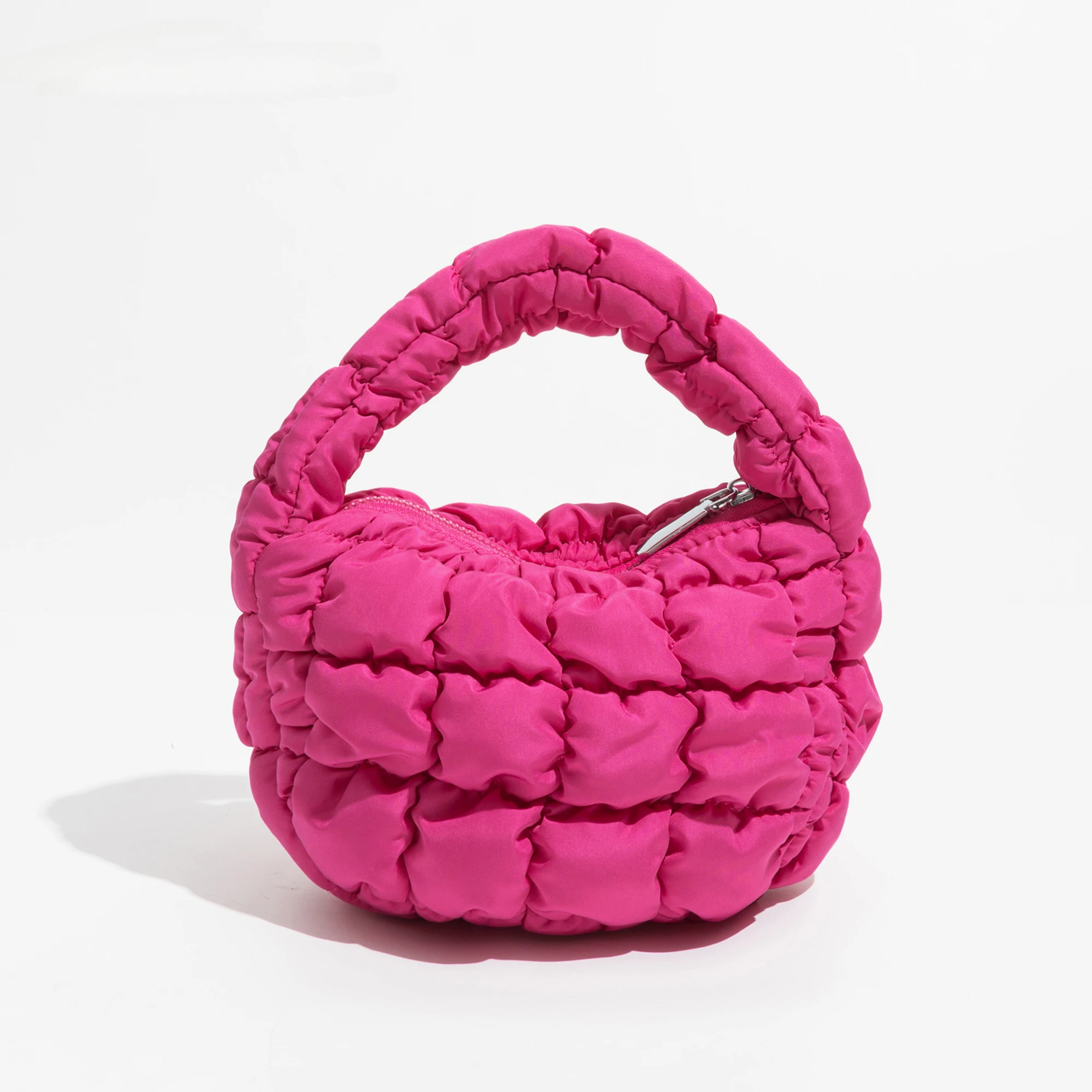 

Mini Famle Puffer Tote Bag Quilted Circle Phone Purse Elegant Purple Soft Nylon Padded Key Pouch Simple Trend Handbag