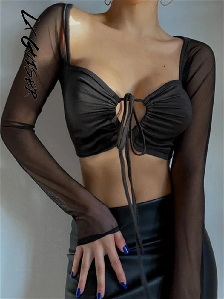 

Lx Guiser Sexy Y2k Bandage Mesh Square Collar Woman Corset Tops 2023 Summer Fashion Long Sleeve Club Women Cropped T-shirts