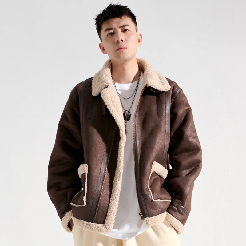 Winter Lamb Wool Coat Men's Fleece-Lined Fur Integrated Jacket Loose Leather Coat Motorcycle Clothing Cotton-Padded Coat Thick