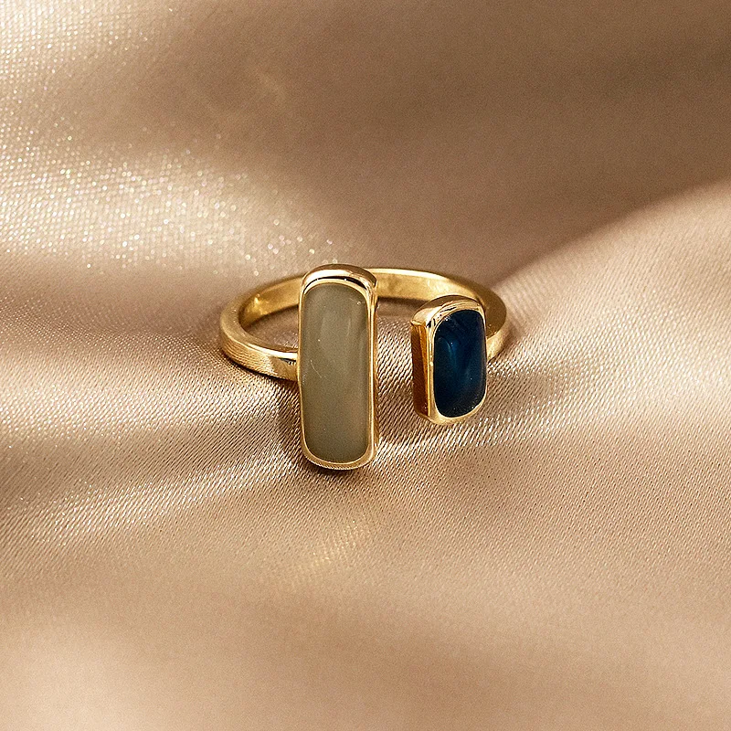 

2022 New Retro Blue Oil Dripping Opening Ring for Women Girls Fashion French Temperament Simple Square Adjustable Ring Jewelry