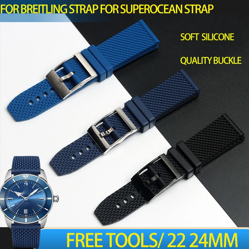 

Soft Silicone Rubber watchband Black dark blue 22mm 24mm Bracelet For navitimer/avenger/Breitling strap Superocean watch band