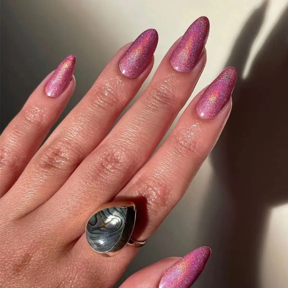 On Nails Diy Cat Eye Pink Glitter Long Almond French False Nails