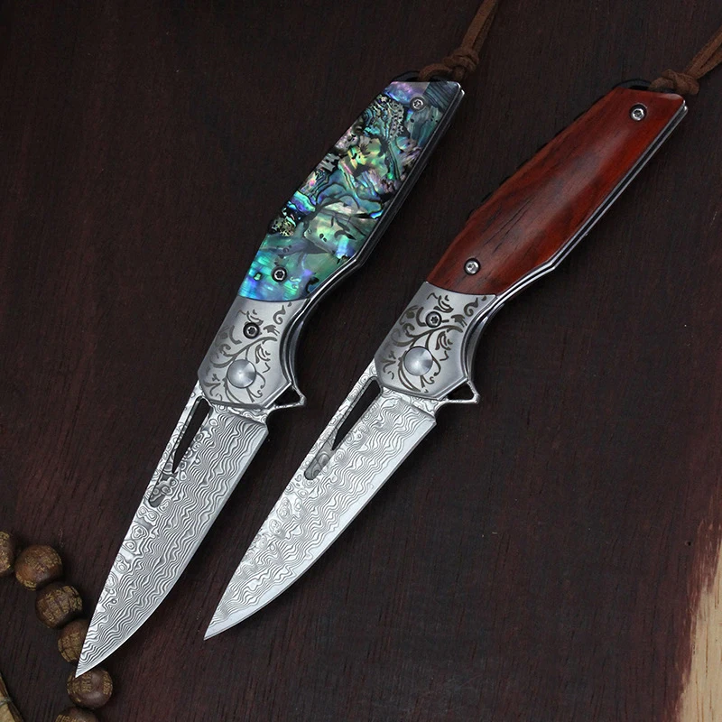 

Pocket Knives VG10 Damascus Ball Bearing Folding Knife Colorful Seashells Handle Outdoor Camping Survival Knife Tool Gifts EDC