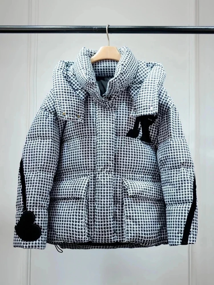 2022 New Winter Women's Down Jacket Oversized Hooded Plaid Puffer Coat 90% White Duck Down Parkas Thick Warm Loose Snow Outwear