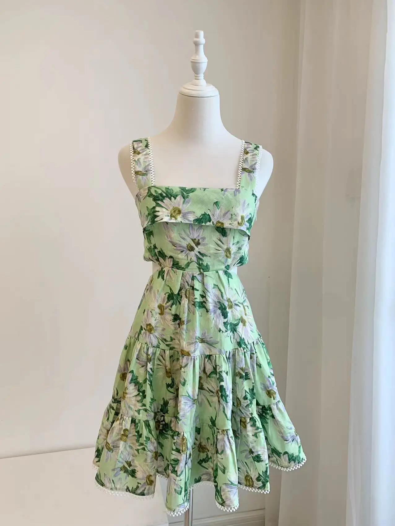 2023 New Women Square Collar Flower Print Lace Trim Backless Sling Mini Dress