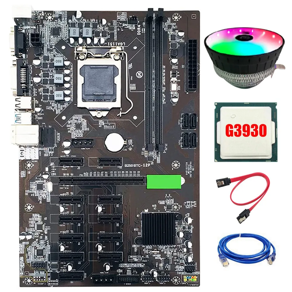

B250 BTC Mining Motherboard 12 PCI-E16X Graph Card LGA 1151 DDR4 SATA3.0 USB3.0 with G3930 CPU+Cooling Fan Support VGA