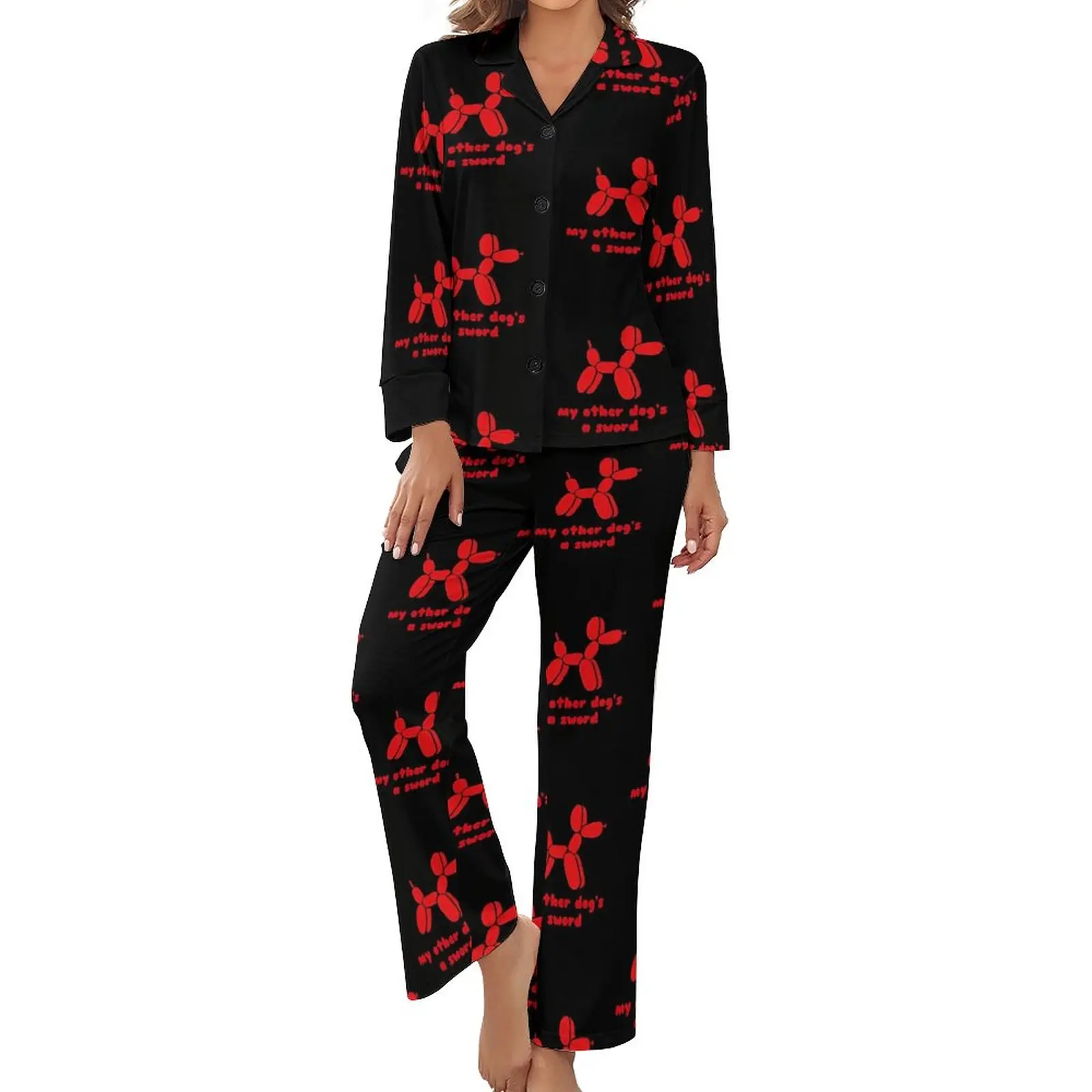 

Пижама с изображением воздушной собаки, весенние пижамные комплекты из двух предметов с изображением красных животных, кавайные женские пижамные комплекты с длинным рукавом и V-образным вырезом, одежда для сна с рисунком для отдыха