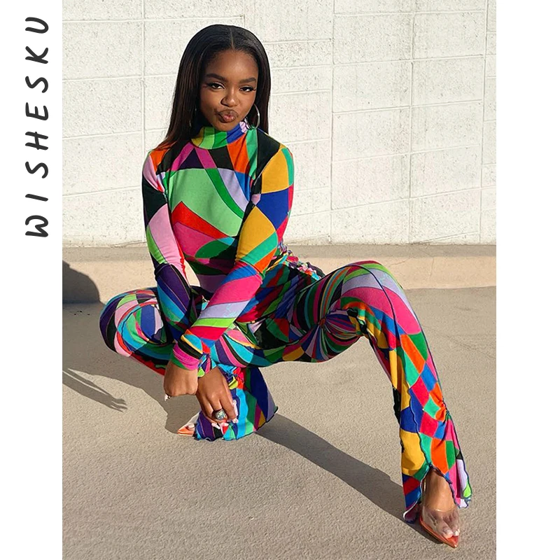 

Two Piece Set Women Stripe Print Tracksuits Sexy O Neck Long Sleeve Tshirt+High Waist Slit Pencil Pants Outfits 2023 Spring Fall