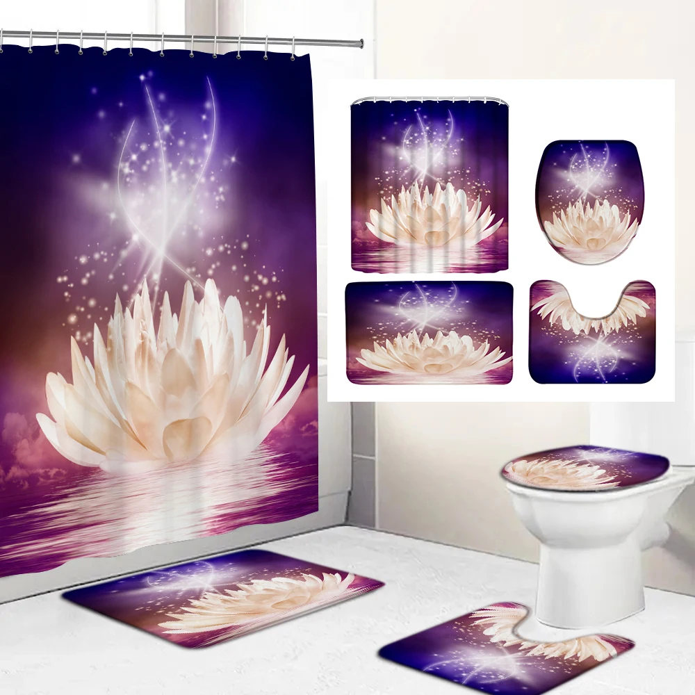 

180x180cm Lotus Flower Print Shower Curtain Bathroom Curtains and Toilet Lid Cover Floor Mat Pedestal Anti-slip Carpet Bath Rugs