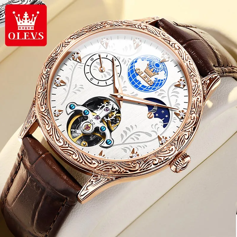 OLEVS Luxury Personality Men Mechanical Watch Tourbillon Automatic Watch Fashion Mens Watches Creative Clock Luminous Waterproof