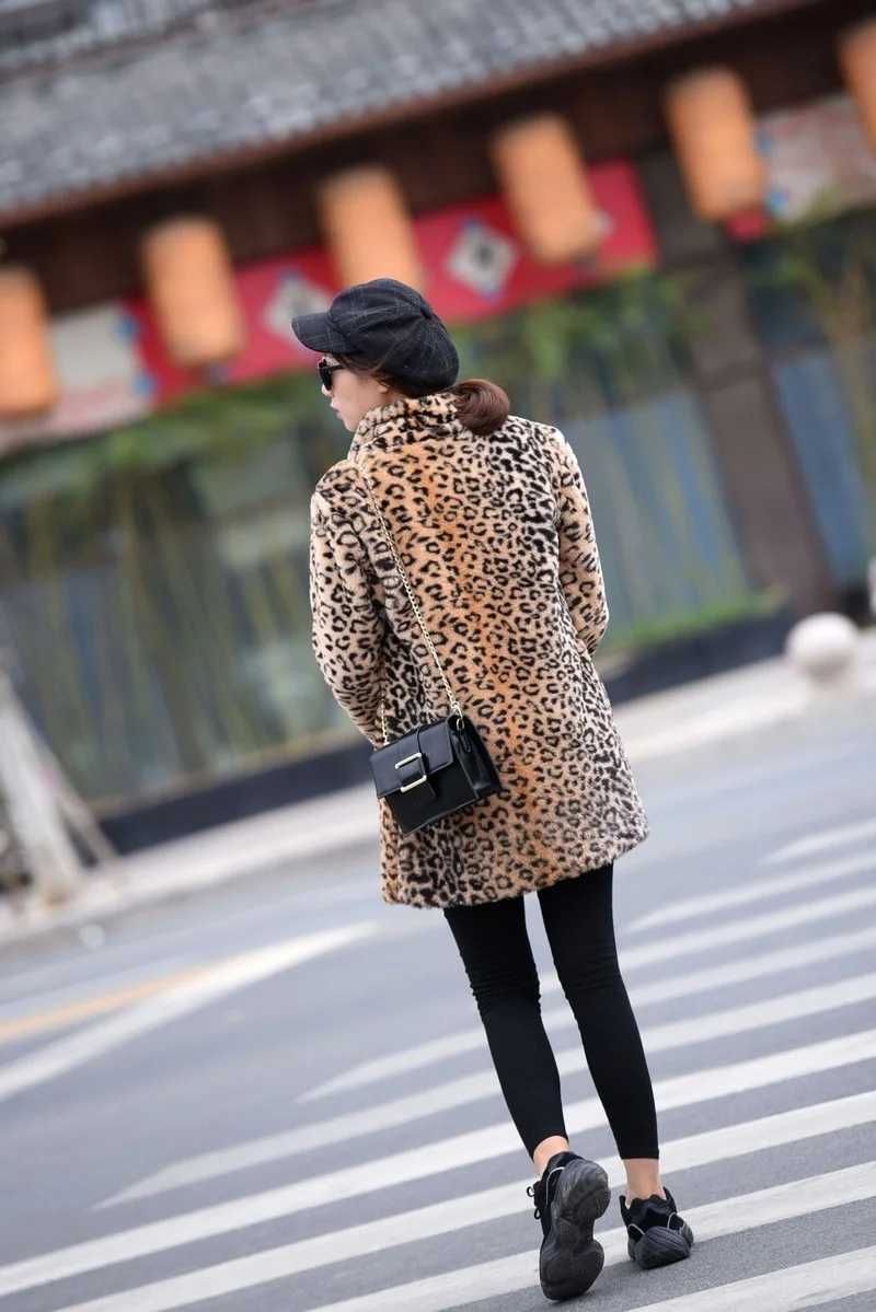 Leopard Faux Fur Coats Women Fashion Warm Lapel Mid-Length Outwears Autumn Winter Thick Casual Commute Big Pocket Chic Outcoats