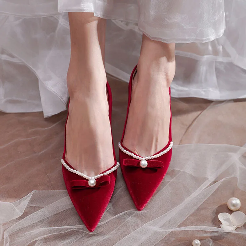 Свадебные туфли Phoentin с жемчугом бархатные элегантные на среднем тонком каблуке