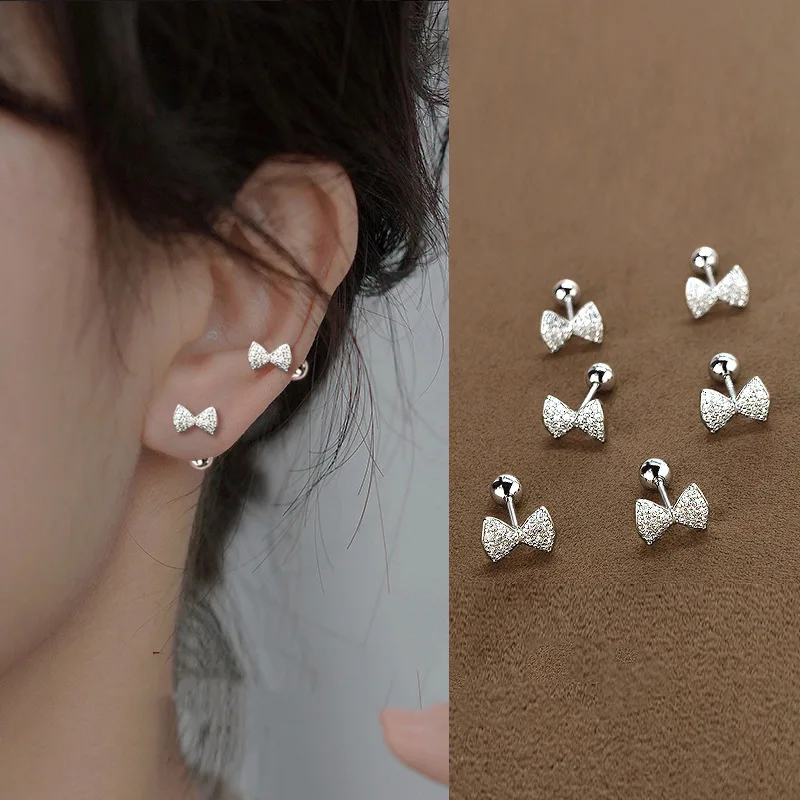 

Charming Small Bow Stud Earrings For Women Fine Pin Screw Ball Cute Ear Bone Studs New Pop Girl's Ear Jewelry