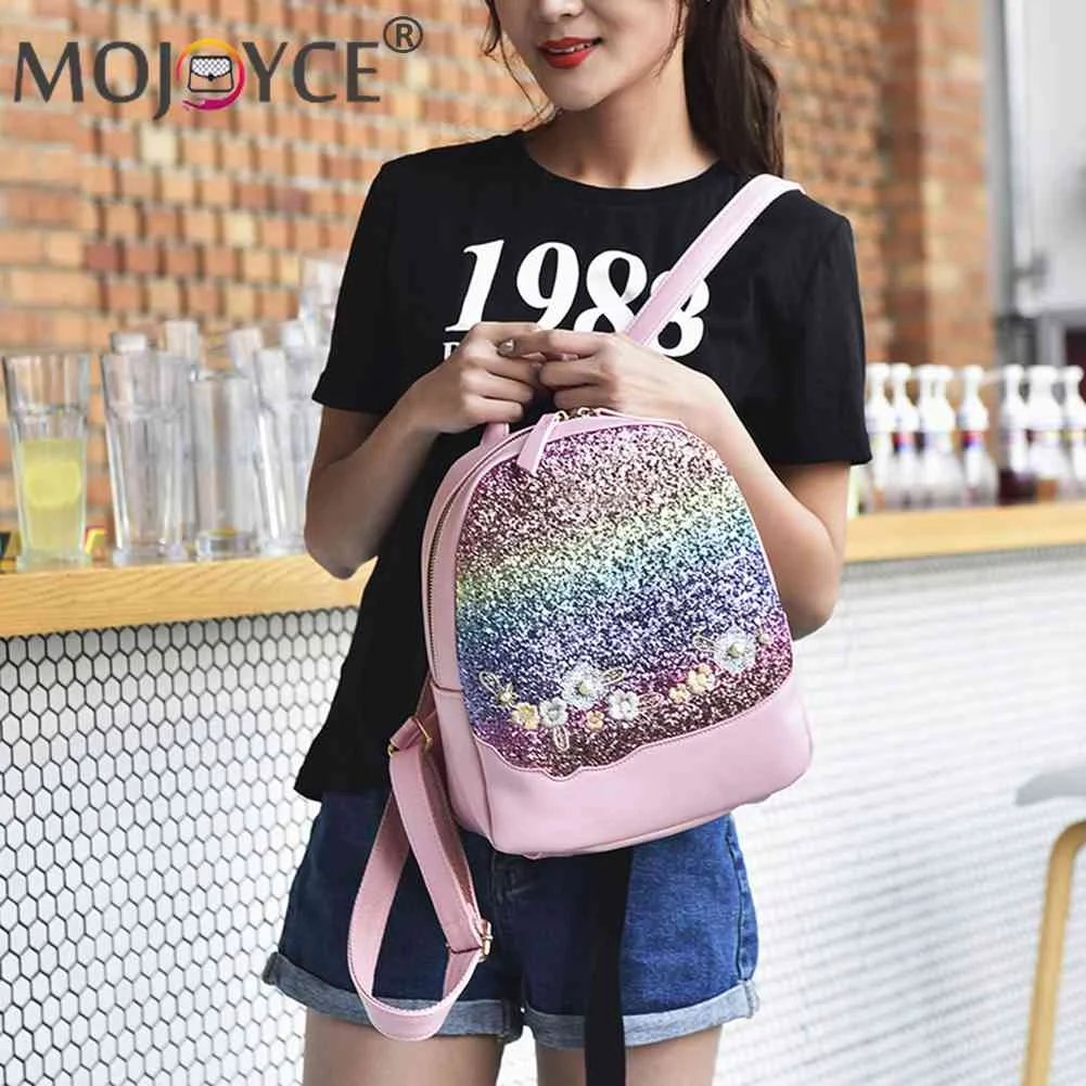 

Bling Glitter Shining Color Sequin Backpack Women Floral Travel School Bags Teenager Love High Quality Fashion Shine Handbag