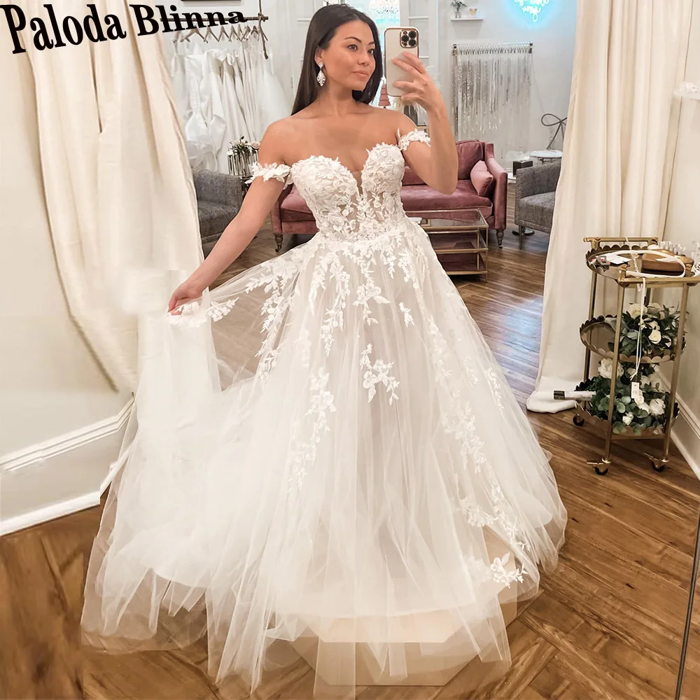 

Paloda Pastrol Off The Shoulder Wedding Gown For Bride A-LINE Court Train Tulle Strapless Lacing Up Short Sleeves Pleat